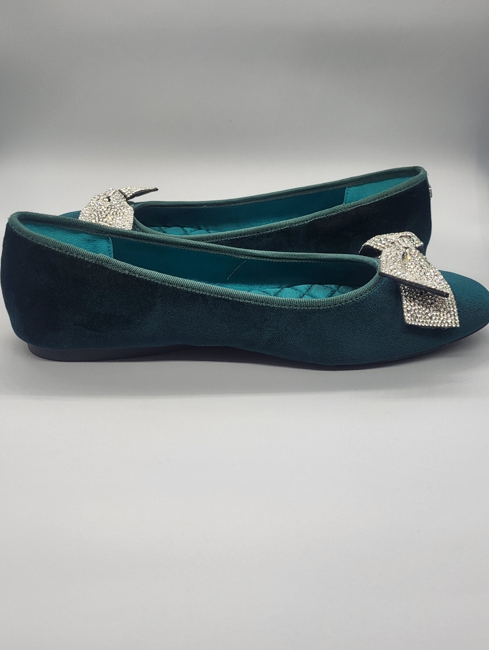 Birdies Teal Velvet Flats with Crystal Bow - Picture 6 of 14